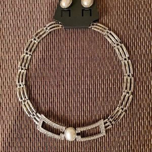 Vintage Monet 18" Silvertone Panel Link w/ Rhinestones & Faux Pearl Cabochon